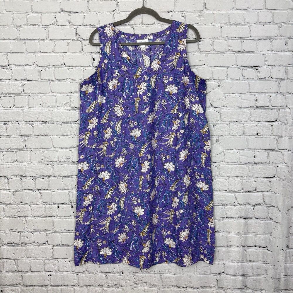 J Jill Love Linen Sleeveless Shift Dress Purple Floral Size M Cottagecore Resort